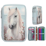 Miss Melody double pencil case with horse design, shown closed with side view and open stationery inset