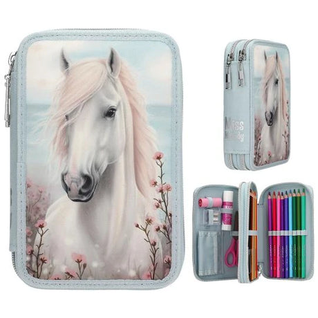 Miss Melody double pencil case with horse design, shown closed with side view and open stationery inset