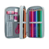 Open Miss Melody double pencil case with colouring pencils, pencils, glue stick, scissors and accessories