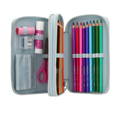 Open Miss Melody double pencil case with colouring pencils, pencils, glue stick, scissors and accessories
