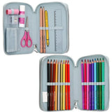 Open Miss Melody double pencil case with glue stick, scissors, pencils and colouring pencils