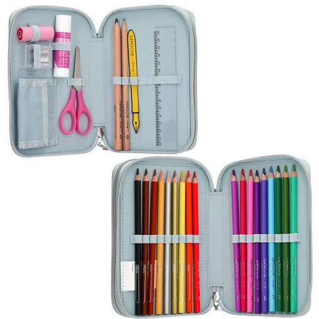 Open Miss Melody double pencil case with glue stick, scissors, pencils and colouring pencils