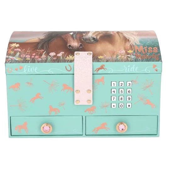 Miss Melody Jewellery Box front view with keypad, horse motifs, gemstone drawer handles and green case in Ireland.