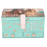 Miss Melody Jewellery Box front view with keypad, horse motifs, gemstone drawer handles and green case in Ireland.