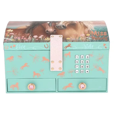 Miss Melody Jewellery Box front view with keypad, horse motifs, gemstone drawer handles and green case in Ireland.