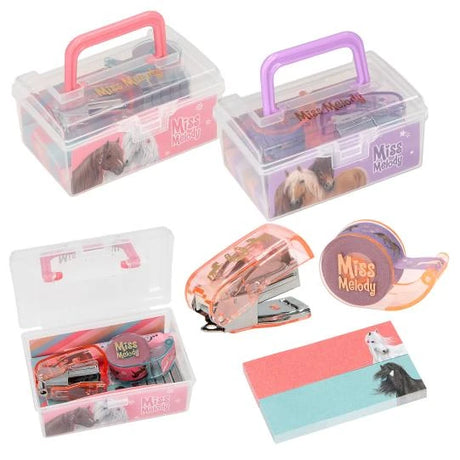 Miss Melody mini desk set in pink and purple designs with open cases, staplers, tape and sticky notes