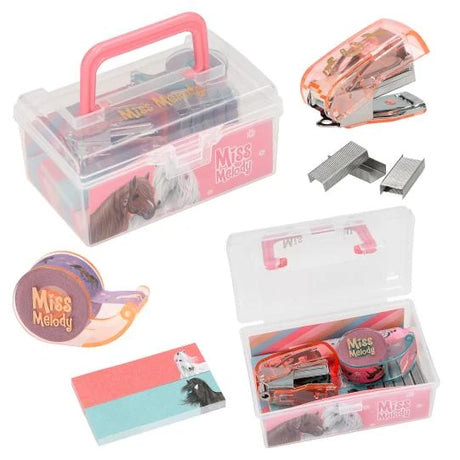 Miss Melody mini desk set pink design with case, stapler, tape, staples and sticky notes