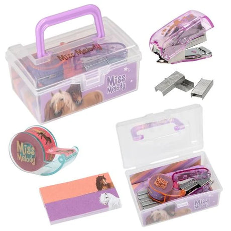 Miss Melody mini desk set purple design with case, stapler, tape, staples and sticky notes