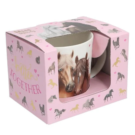 Miss Melody mug gift box shown at an angle with the mug visible inside