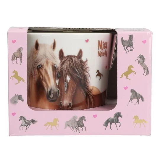 Miss Melody mug gift box front view with display window showing the mug