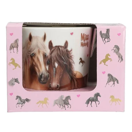 Miss Melody mug gift box front view with display window showing the mug