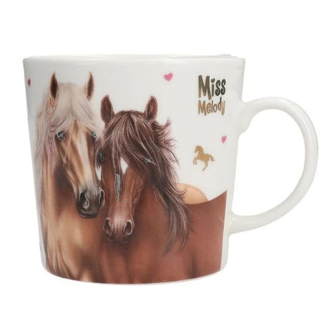 Miss Melody mug front view with two horses and small heart details