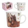 Miss Melody mug with two horse design, shown with the gift box and a small back view inset