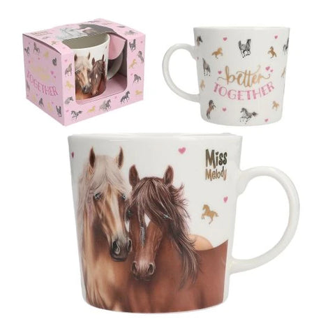 Miss Melody mug with two horse design, shown with the gift box and a small back view inset