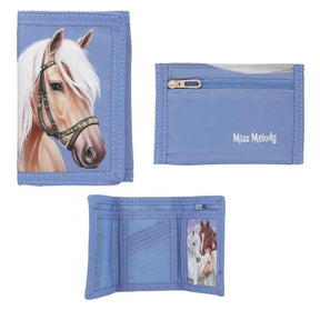 Blue Miss Melody purse with a brown horse on the front, a zipped back pocket and visible inner compartments.