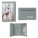 Grey Miss Melody purse with a white horse on the front, a zipped back pocket and visible inner compartments.