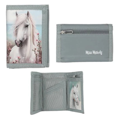 Grey Miss Melody purse with a white horse on the front, a zipped back pocket and visible inner compartments.
