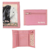 Pink Miss Melody purse with black and white horses on the front, a zipped back pocket and visible inner compartments.