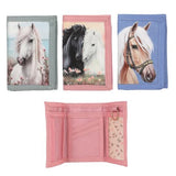 Three Miss Melody purses with different horse designs and an open pink purse showing the inner compartments.