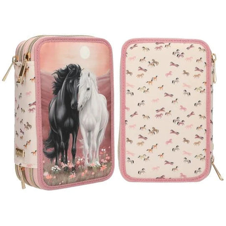 Miss Melody triple pencil case showing the front horse artwork and back pony pattern