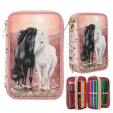 Miss Melody triple pencil case with horse design, shown closed and open with stationery inside