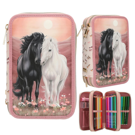 Miss Melody triple pencil case with horse design, shown closed and open with stationery inside