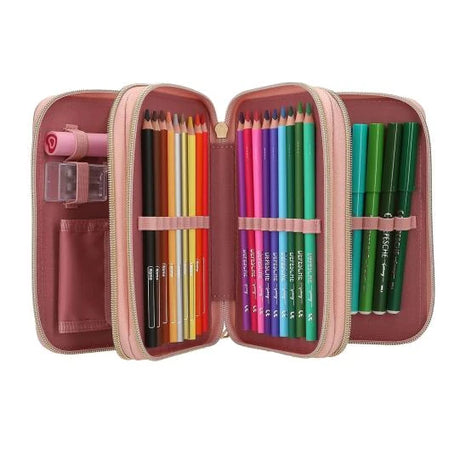 Open Miss Melody triple pencil case with colouring pencils and felt tip pens in separate compartments