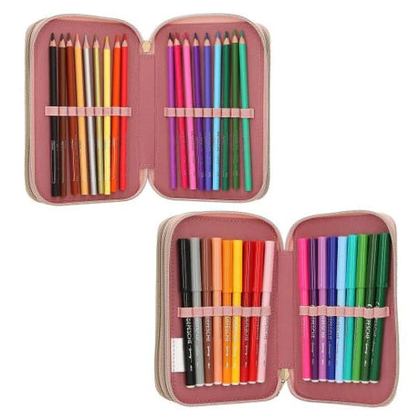 Open Miss Melody triple pencil case showing coloured pencils and marker pens in four sections