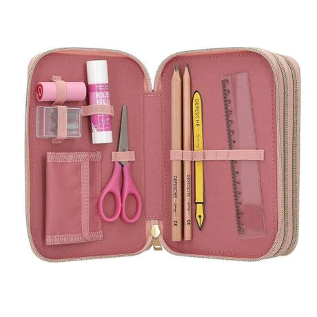 Open Miss Melody triple pencil case with glue stick, scissors, pencils, ruler, eraser and sharpener