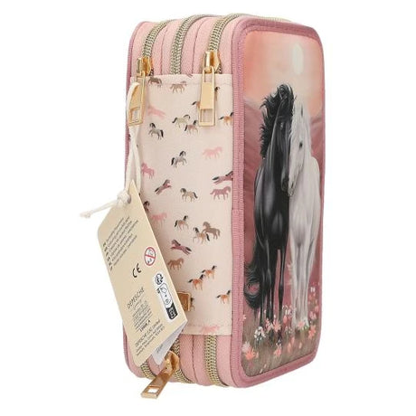 Miss Melody triple pencil case side view with pink zips, horse artwork and hang tag attached