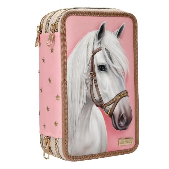 Angled pink Miss Melody triple pencil case showing the white horse front panel, three zipped sections and gold stars on the side.