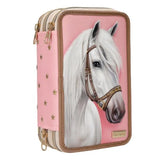 Angled pink Miss Melody triple pencil case showing the white horse front panel, three zipped sections and gold stars on the side.
