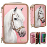 Miss Melody pink triple pencil case with a white horse portrait, shown closed, angled and open with coloured pencils and felt tip pens.