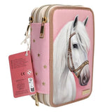 Angled pink Miss Melody triple pencil case with white horse artwork, gold stars on the side and an attached product tag.