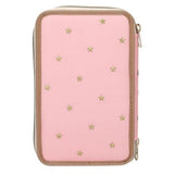 Back of the pink Miss Melody triple pencil case with scattered gold stars and brown edging.