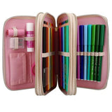 Miss Melody triple pencil case fully open with stationery pockets, coloured pencils and felt tip pens across three zipped sections.