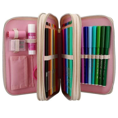 Miss Melody triple pencil case fully open with stationery pockets, coloured pencils and felt tip pens across three zipped sections.
