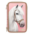 Pink Miss Melody pencil case with a large white horse portrait, brown edging and gold star details on the halter.