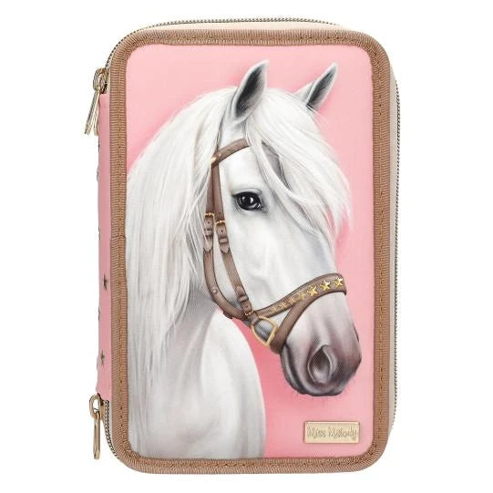 Pink Miss Melody pencil case with a large white horse portrait, brown edging and gold star details on the halter.
