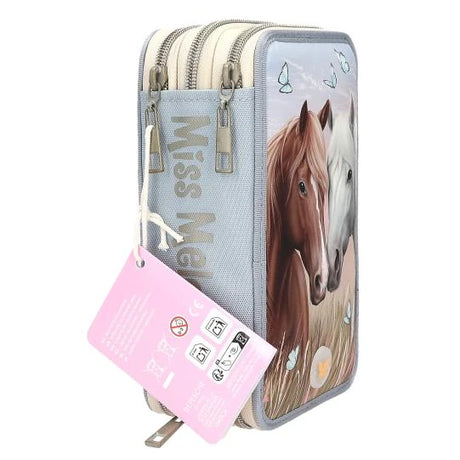 Miss Melody triple pencil case LED angled view with three zip compartments and hang tag