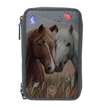Miss Melody triple pencil case LED front view with illuminated butterflies on the horse design