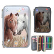 Miss Melody triple pencil case LED with horse design, shown closed with open inset and light up front view