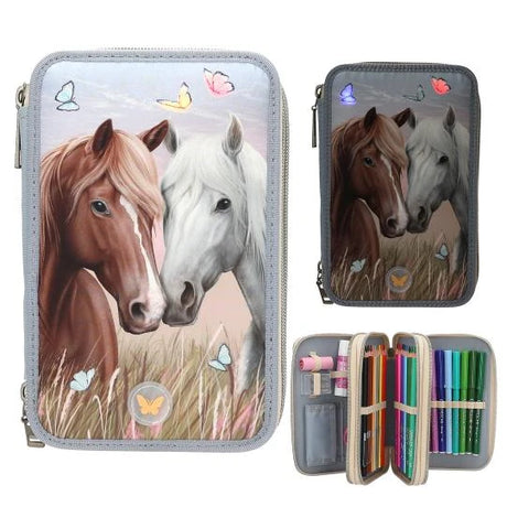Miss Melody triple pencil case LED with horse design, shown closed with open inset and light up front view