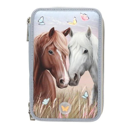 Miss Melody triple pencil case LED front view with two horses and butterfly design