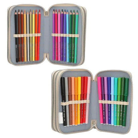 Open Miss Melody triple pencil case LED with colouring pencils and felt tip pens in separate compartments
