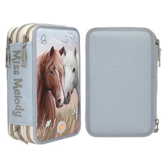 Miss Melody triple pencil case LED showing the side profile and plain light blue back