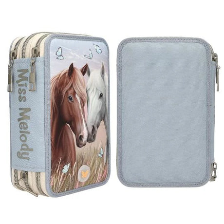Miss Melody triple pencil case LED showing the side profile and plain light blue back
