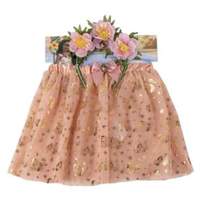 Moana Fantasy Accessories Beauty Set with coral pink tutu skirt and matching floral headband displayed together