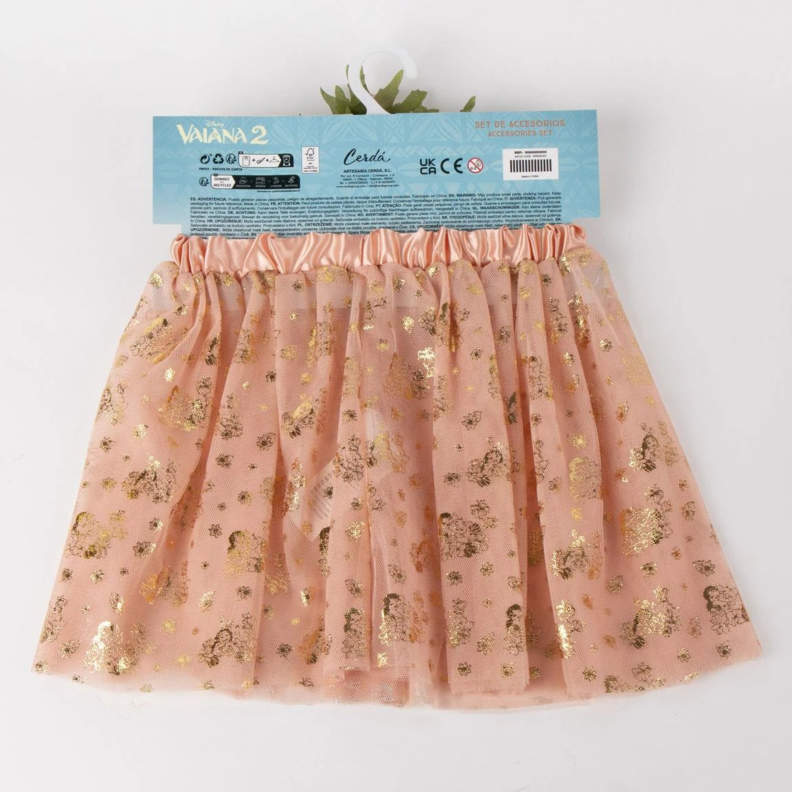 Rear view of the Moana coral pink tutu skirt with gold printed details and elasticated waistband