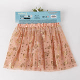 Rear view of the Moana coral pink tutu skirt with gold printed details and elasticated waistband